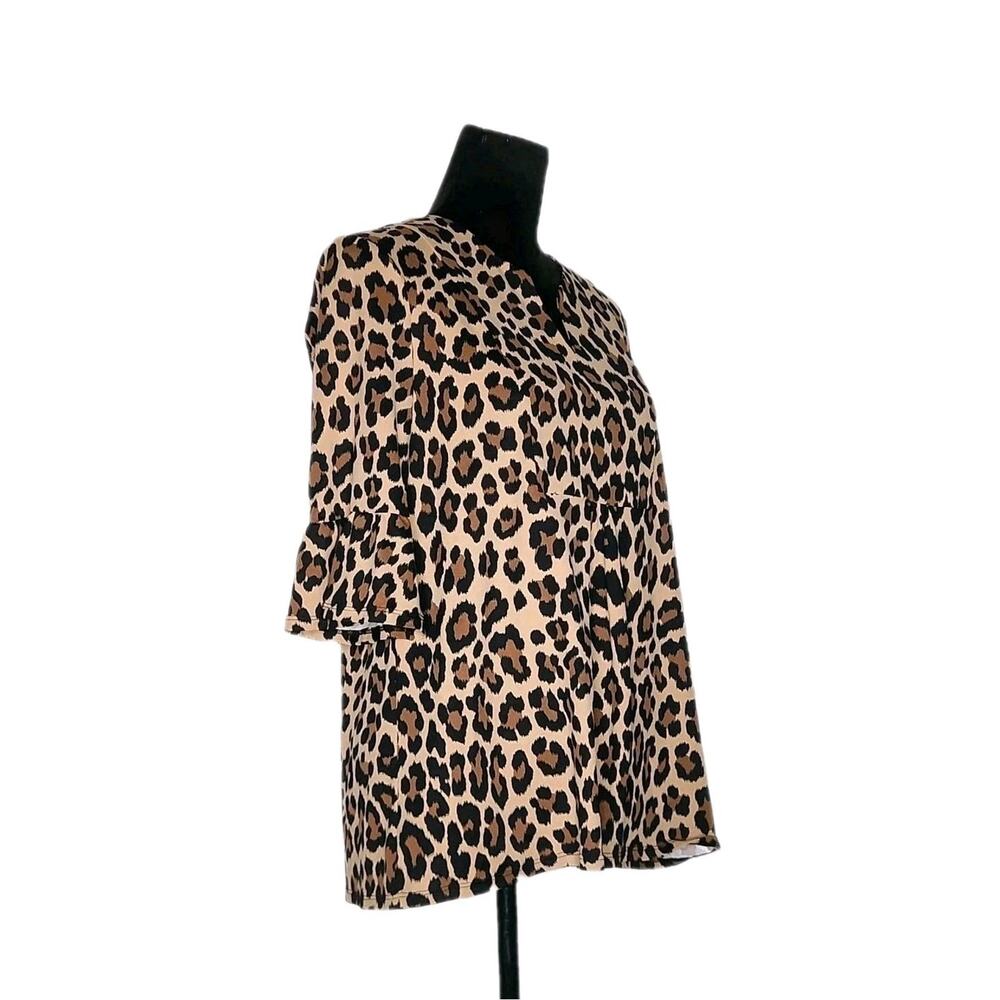 Jude Connally Cannell Top S Brown Leopard Print Bell Sleeve Tunic Stretch Knit - Picture 3 of 8